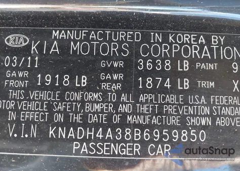 2011 Kia Rio Lx from USA, damaged, VIN KNADH4A38B6959850